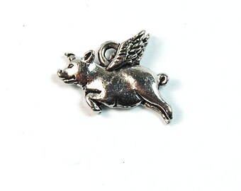 Flying Pig, Pig with Wings, Silver Pewter Charm -1