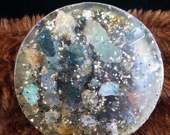 glow in the dark orgone charging plate//paperweight//orgone energy//silver/gold/moss agate/topaz/citrine/lapis lazuli/chrysocholla/pyrite