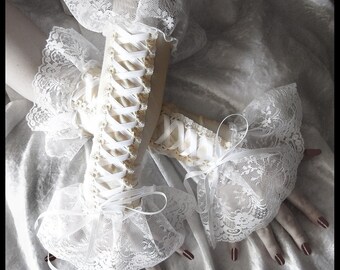 Cities in Dust Victorian Corset Laced Up Arm Warmers | Ivory Cream | White Ribbon & Ruffled Lace | Steampunk Pirate Dark Rococo Gothic Goth
