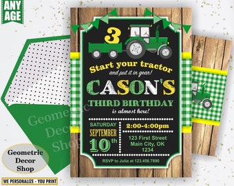 Tractor Birthday Invite, Tractor Invitation, Tractor Birthday Invitations, Yellow Woodland Green Plaid Boy Photo Photograph Farm BDT19/20