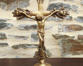 Antique Bronze Crucifix - Alter Cross - standing crucifix
