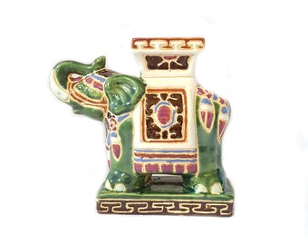 Small Elephant Garden Stool, Vintage Ceramic Elephant Plant Stand, Book Stand, Chinoiserie Decor, Bookend / Bookshelf Decor
