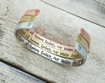 Maid of Honor Bracelet - MOH Gift - Hand Stamped Jewelry - Best Friend - Sister Forever - Bridesmaid Bracelets