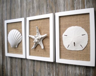 Cottage Chic Set of Beach Decor Wall Art, Wall Decor, Nautical Decor, Sea Shells Home Decor, Coastal Decor, Coastal Art, PURE WHITE