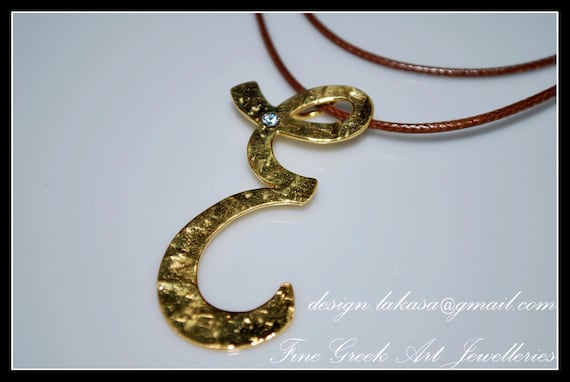 Monogram Sterling Silver Gold plated Jewelry Necklace brown cordon Rhinestone Crystal Fine Greek Art Best Gift idea for her Woman Girlfriend