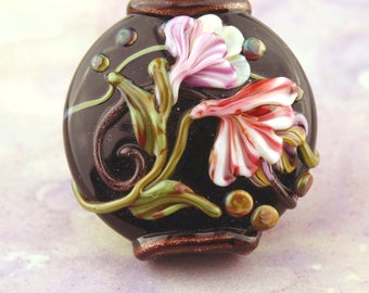 Lampwork Bead, Floral Lentil Glass Focal, Black, Pink, Green