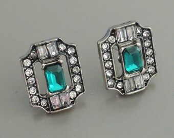 Vintage Inspired Earrings - Art Deco - Emerald Earrings - Stud Earrings - Silver Earrings - Crystal Earrings - Wedding Earrings - handmade