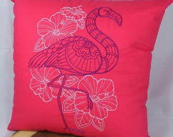 Embroidered Flamingo Pillow - 16"x16"