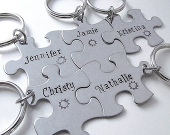 Hand Stamped Puzzle Keychains - Bridesmaid Keychains - Set of 5 - Personalized Bridesmaid Gift