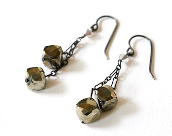 Minimalist Pyrite Dangle Earrings. Faceted Pyrite Silver Earrings Fools Gold Dangle Earrings