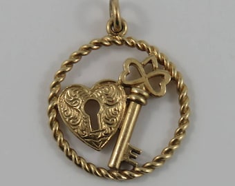 Heart Lock & Key 10K Gold Vintage Charm For Bracelet