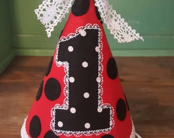 Ladybug and Lace First Birthday Bib or Party Hat, 1st Birthday Ladybugs