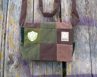 Browns Greens Recycle Go Green Patchwork Recycled Corduroy Purse Ready to Ship