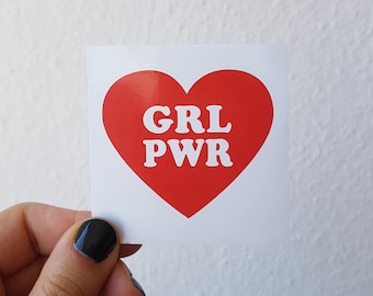 GRL PWR Feminist Red Heart Sticker - Vinyl Illustrated Feminist Gift Weatherproof Waterproof Decal Bumper Sticker Flair / 6x6cm/ Gift Idea