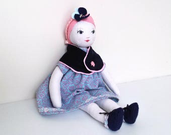 Rag Doll Girl in Dress and Cape, Linen Cloth Heirloom Doll named Francesca