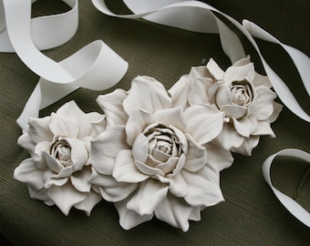 Ivory leather floral bib necklace - Made to Order
