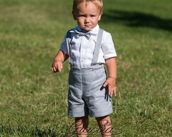 Boy shorts with suspenders Ring bearer outfit Baby boy linen suit First birthay clothes Baptism overalls Diaper cover set Rompers light Gray