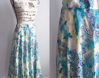 Vintage Midi Skirt, Vintage Midi Teal Green Blue Skirt, Midi Silk Skirt