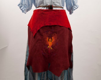 Red leather battle skirt apron Phoenix embroidery larp fantasy fair costume fire mage shaman armor banner huntsman game of thrones warcraft