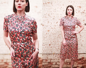 Vintage 1940s 50s xs small red white blue novelty print dress / as is wounded bird / scalloped collar