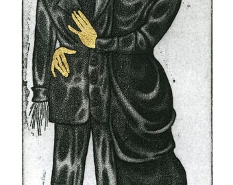 Etching with Gold Leaf detail - proverb: "A Man of Straw needs a Woman of Gold" - original art by Nancy Farmer, UK, unframed