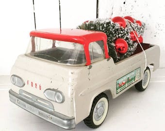 Vintage Nylint Toys Fun On The Farm Econoline Truck Toy with Bottle Brush Tree, Christmas Tree Truck, Ford, Red Tan Nylint