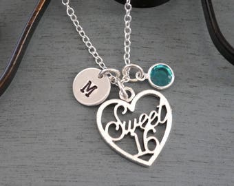 Sweet 16 Necklace, Personalized Sweet 16 Necklace, Sweet Sixteen Heart Necklace, Initial Necklace, 16 Birthday Jewelry Gifts, Silver, Custom