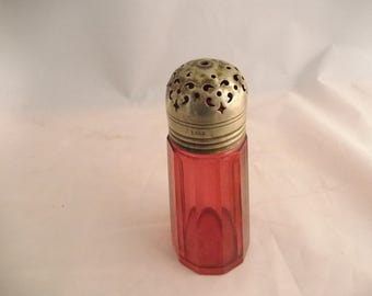 Cranberry Paneled Glass Muffineer Shaker, 1800's Silver Plated Lid