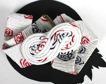 White Braided Rope Elastic Belt with Navy & Red Swirl Print