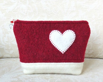 Heart Felt Zippered Pouch, Upcycled Felted Wool Sweater Clutch in Red and White