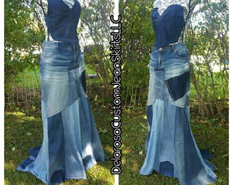 DELAROSA Britney Patchwork with train maxi denim skirt Custom Order to Your Size 0-2-4-6-8-10-12-14-16-18-20-22-24 avant-garde