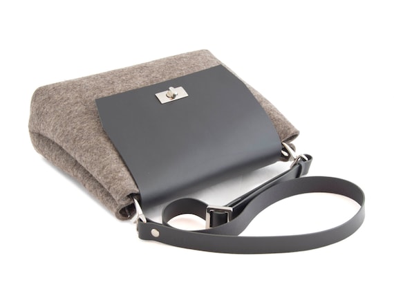Felt and leather mini FLAP BAG, leather strap, grey, black, crossbody bag, 100% wool felt, made in Italy