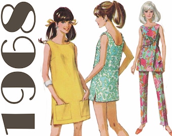 1960s Mini Dress and Pants Micro Mini Dress SIMPLICITY 7644 bust 32.5" Mod Mini Dress Beach Dress Mod Tunic and Pants Teen Dress Retro Dress