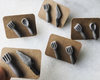 Fork knife and spoon earrings lightweight hypo allergenic plastic studs