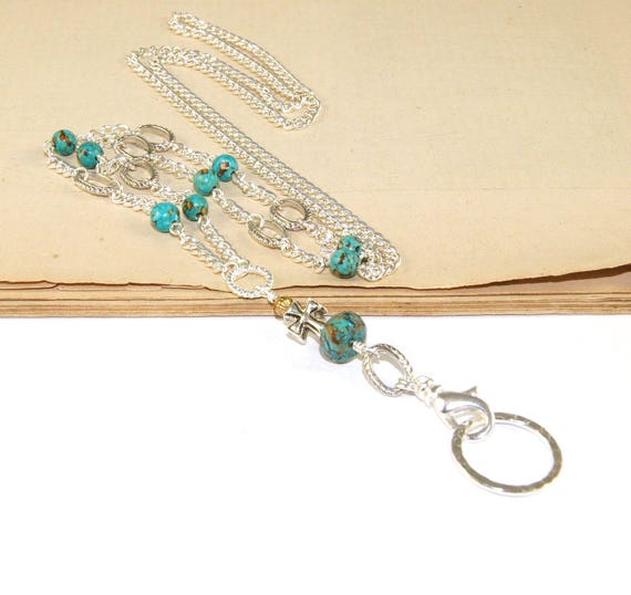 Christian Lanyard ID Holder Turquoise & Silver with Cross