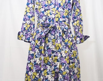 Vintage Lands End Belted Floral Dress with 3/4 Cuffed Sleeves and Tie Belt