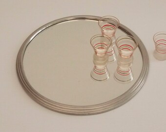 french Round aluminum Frame Mirror Serving Tray, Mid Century Mirror Vanity Tray, Boudoir Decor 1950 s