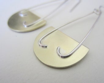 Brass Earrings semicircles with silver curls hand fabricated drop earrings