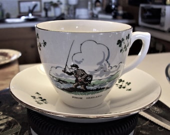 Ireland, Carrigaline Pottery, fisherman cup and saucer, irish clover