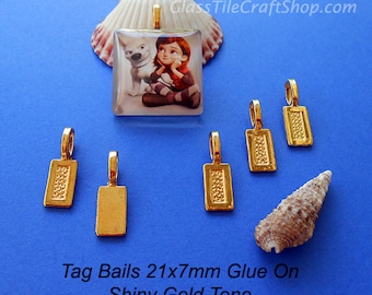 100 Pack Tag Glue on Bails - 21x7mm Shiny Gold Color Glue on Bails for Pendants. (21X7TAGG)