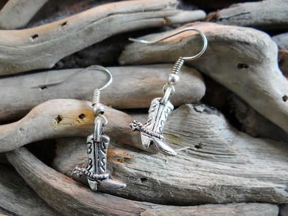 Cowboy Cowgirl Boot Earrings Boots Cow Boy Girl Rodeo Bullriding Horse Bull Riding Country and Western Wild West Earring Hooks Silver Toned