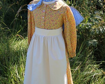 Girl's Simple Pioneer Dress w/ Half Apron and Bonnet Sizes 2-12