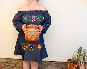 Off the Shoulder Colorful Mexican Dress with Embroidered Flowers-Denim-Summer-BOHO-Hippie-Frida Kahlo style- Handmade Dress-Floral-Wedding