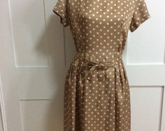 1950’s Taupe and Cream Spot Dress with Bow Belt