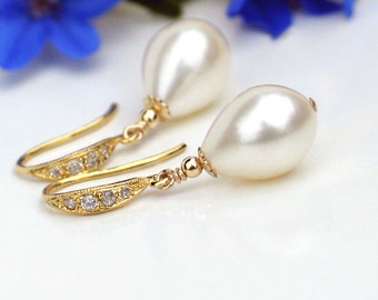 Teardrop Pearl Earrings | White Freshwater Drop Pearl | CZ Pavé Gold Plated Earrings | Bridal Pearl Jewelry | Birthday Gift | Made to Order