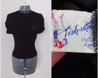 Vintage 1940s Black Pullover Sweater - Womens Bust 32 - Tish-U-Knit by Leon Goldsmith (B5)