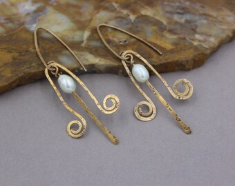 White Pearl and Bronze Earrings, Rustic Artisan Earrings, Swirly Earrings, Funky Earrings, Ancient Roman Inspired Earrings