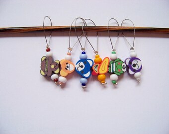 Fun beaded Stitch Markers - set of 6 - knit knitting charms, stitch markers polymer clay