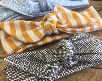 Set of 3 top knot headbands // beautiful prints // baby and adult size headbands // black and white headbands // light blue headbands // mus