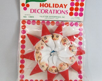 Spun Cotton Santa Heads, Mid Century Christmas Decorations in Package